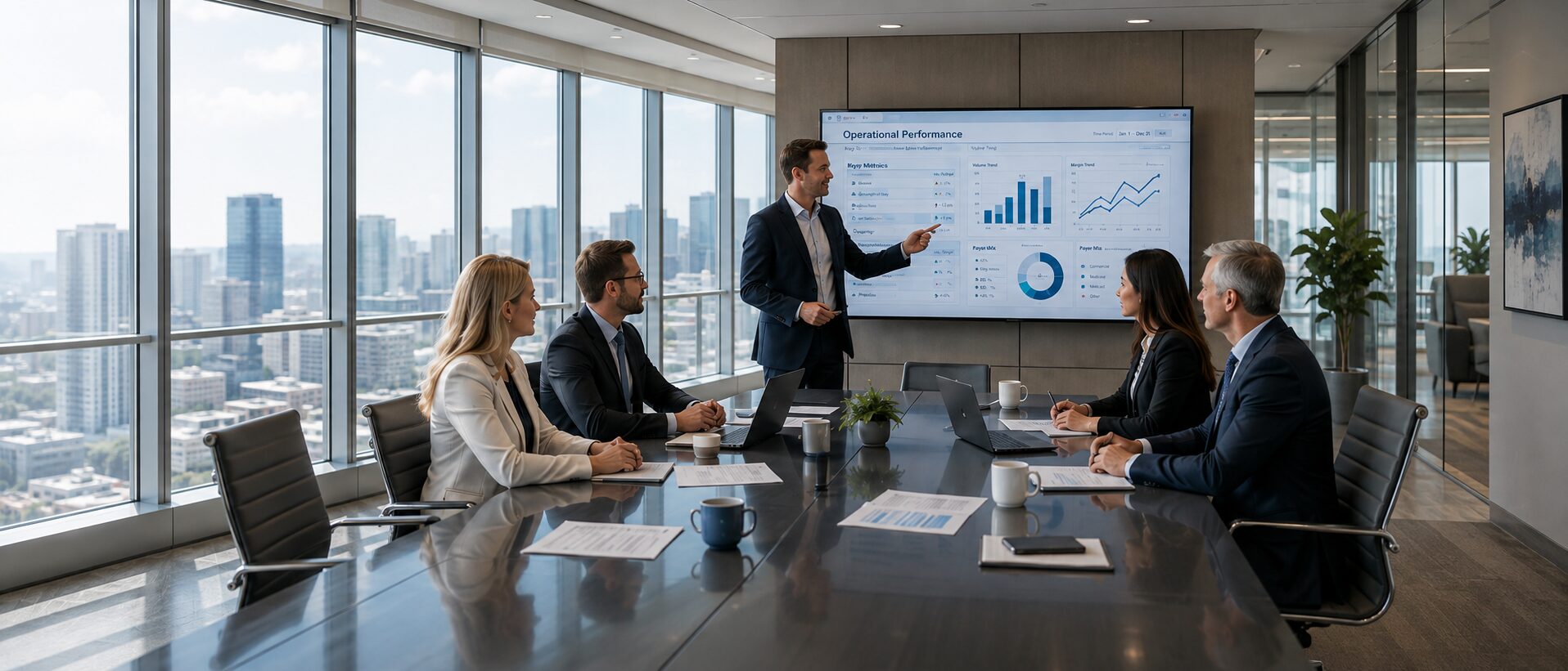 Advisor presenting performance charts to a seated leadership team in a high-rise conference room