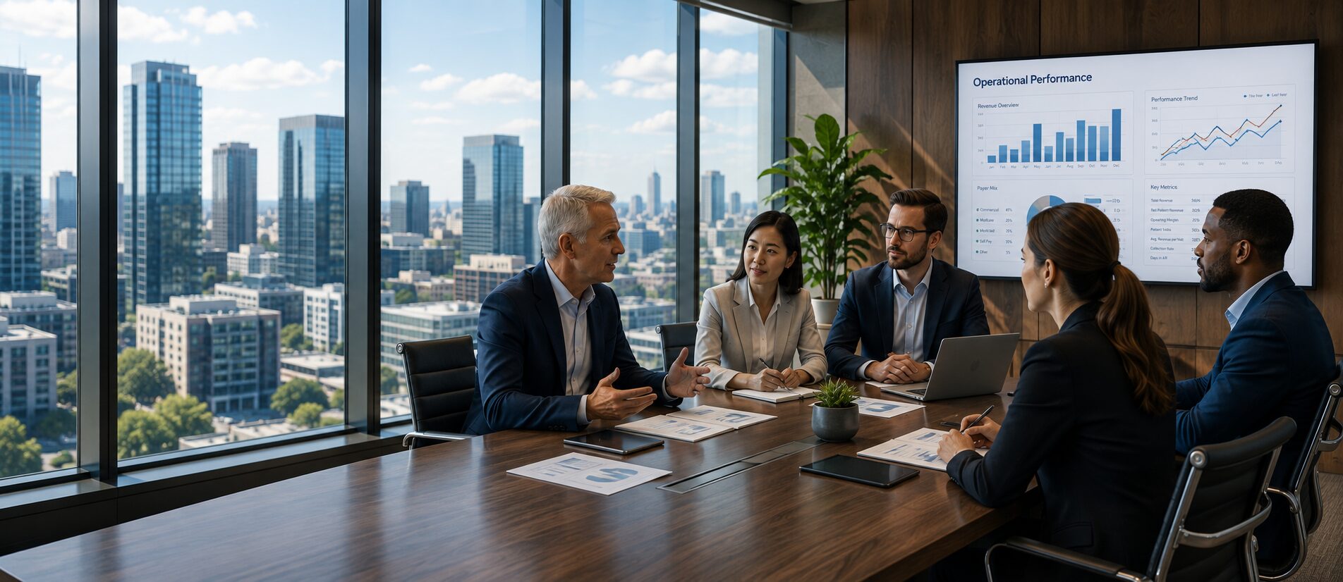 Healthcare leadership team meeting around a boardroom table with data on a wall screen
