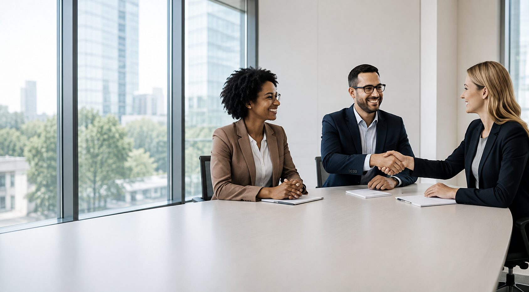 Three professionals shaking hands across a conference table