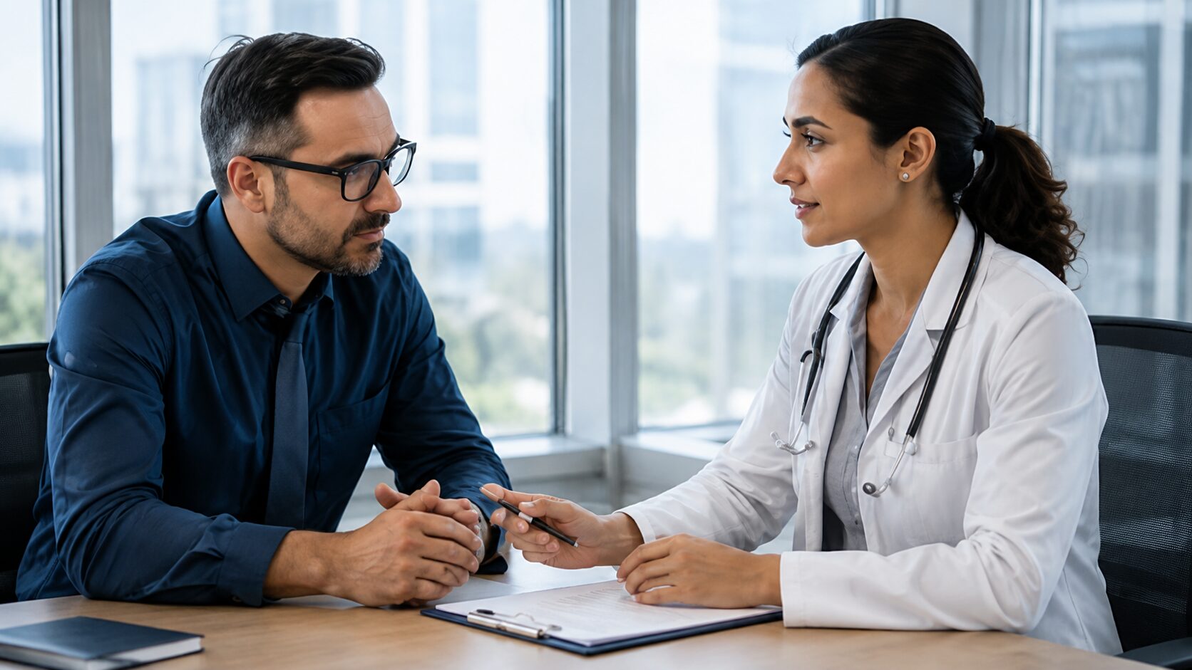 Practice administrator and a physician in conversation across a desk
