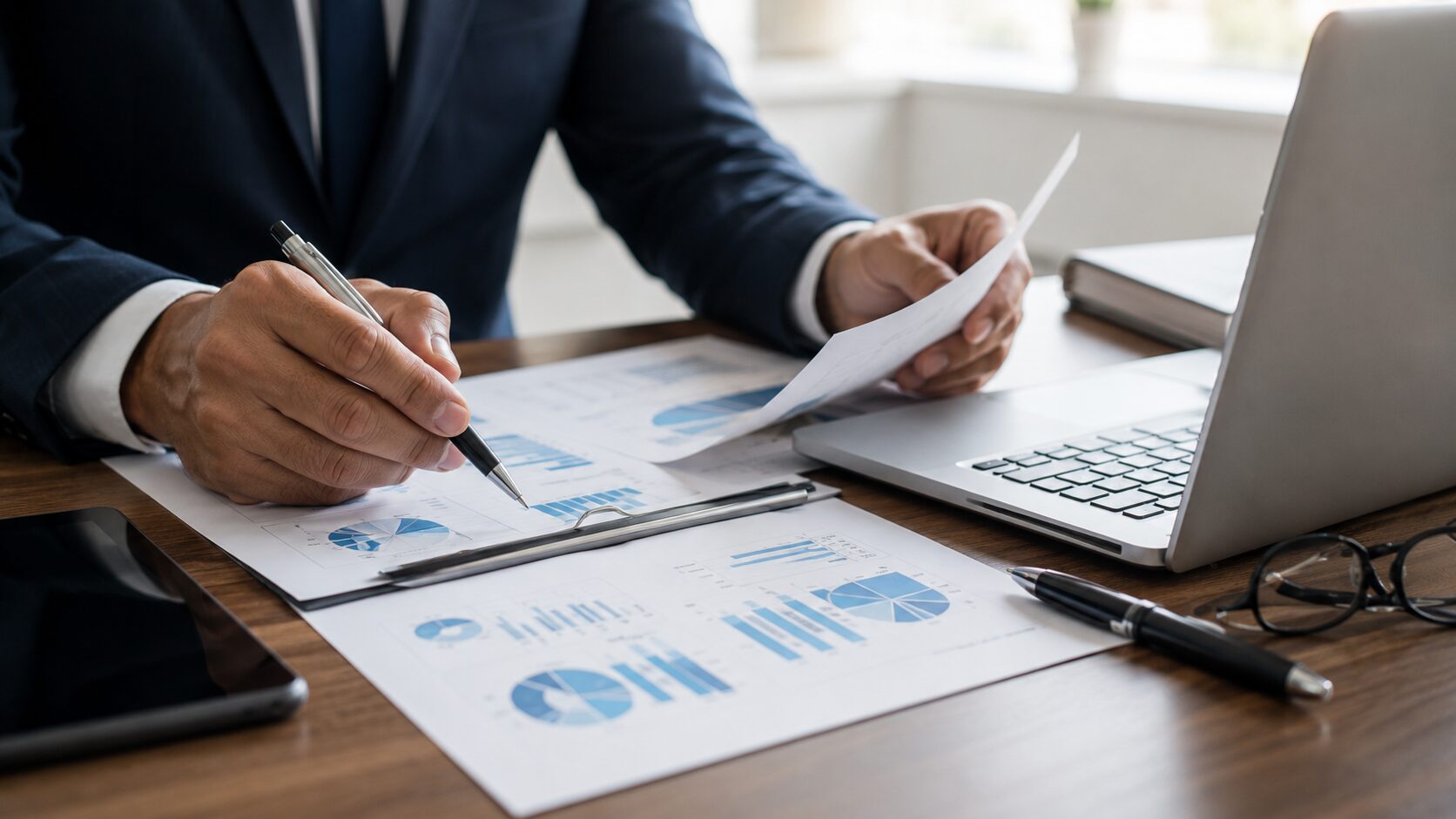 Two people reviewing printed charts beside a laptop
