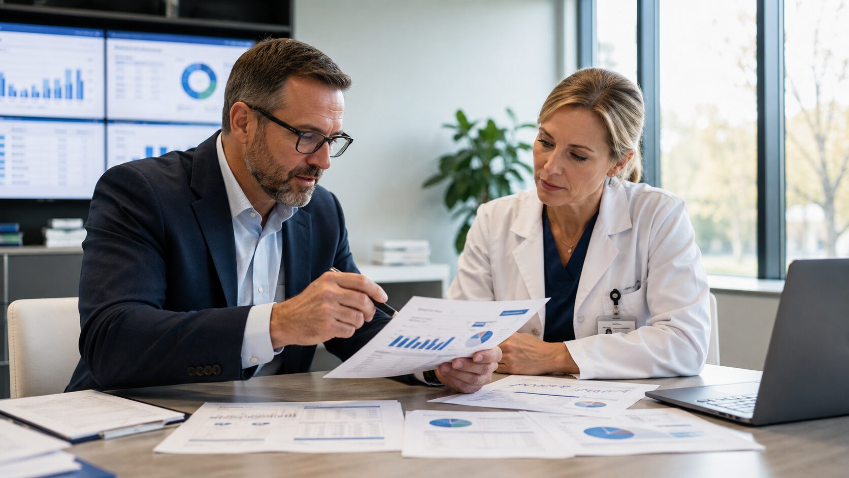 Advisor reviewing printed financial charts with a physician in a clinic office