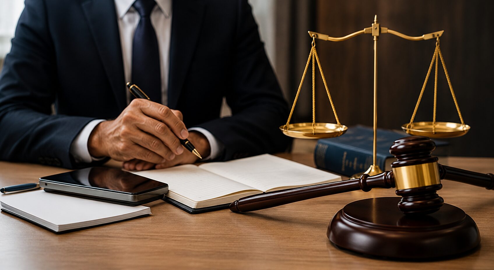 Attorney at a desk with scales of justice and a gavel