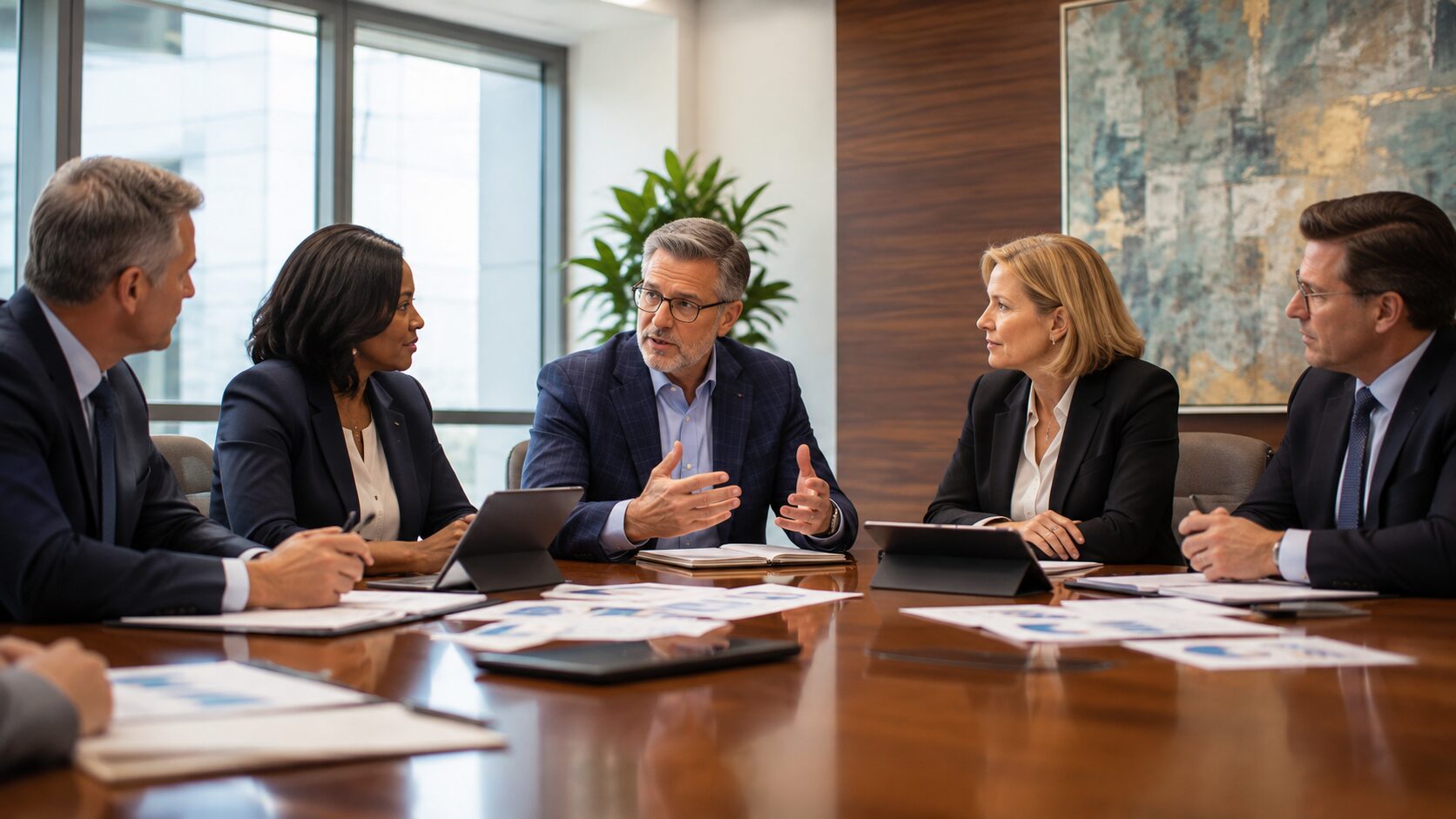 Executives seated around a boardroom table in discussion