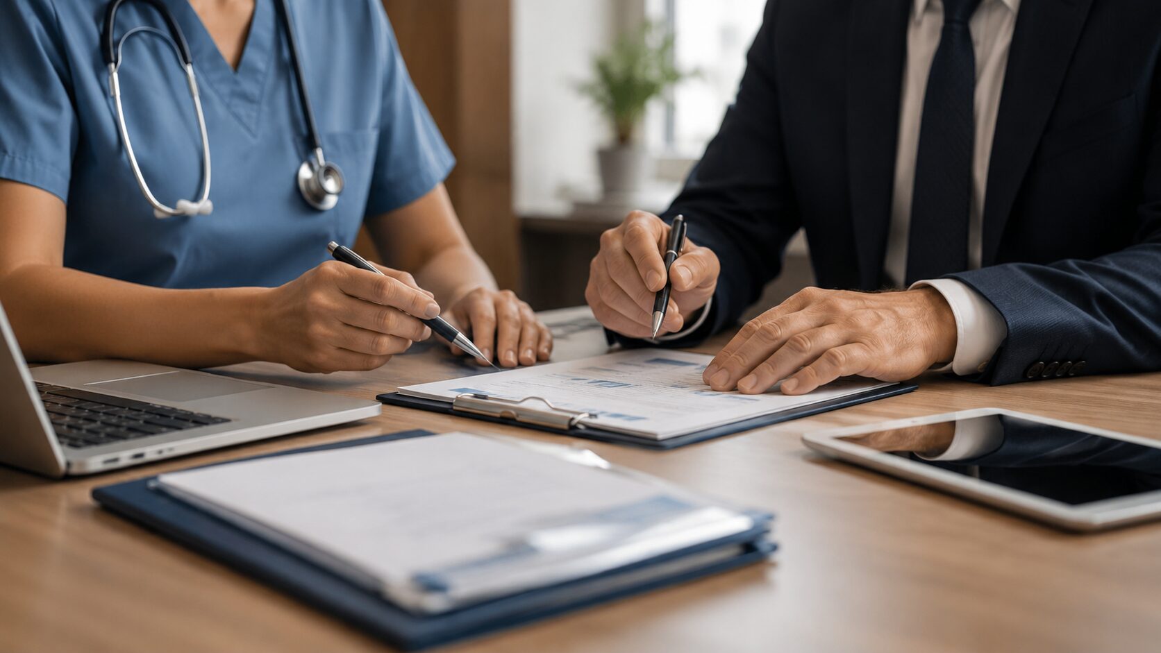 A clinician in scrubs and a business professional signing documents together