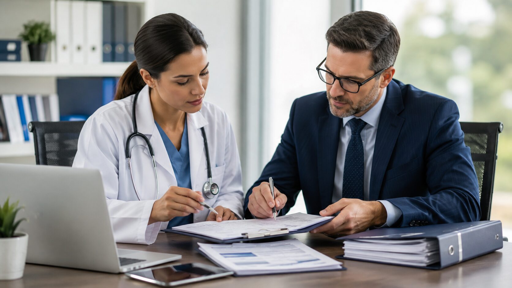 Physician and an advisor reviewing paperwork and binders at a desk