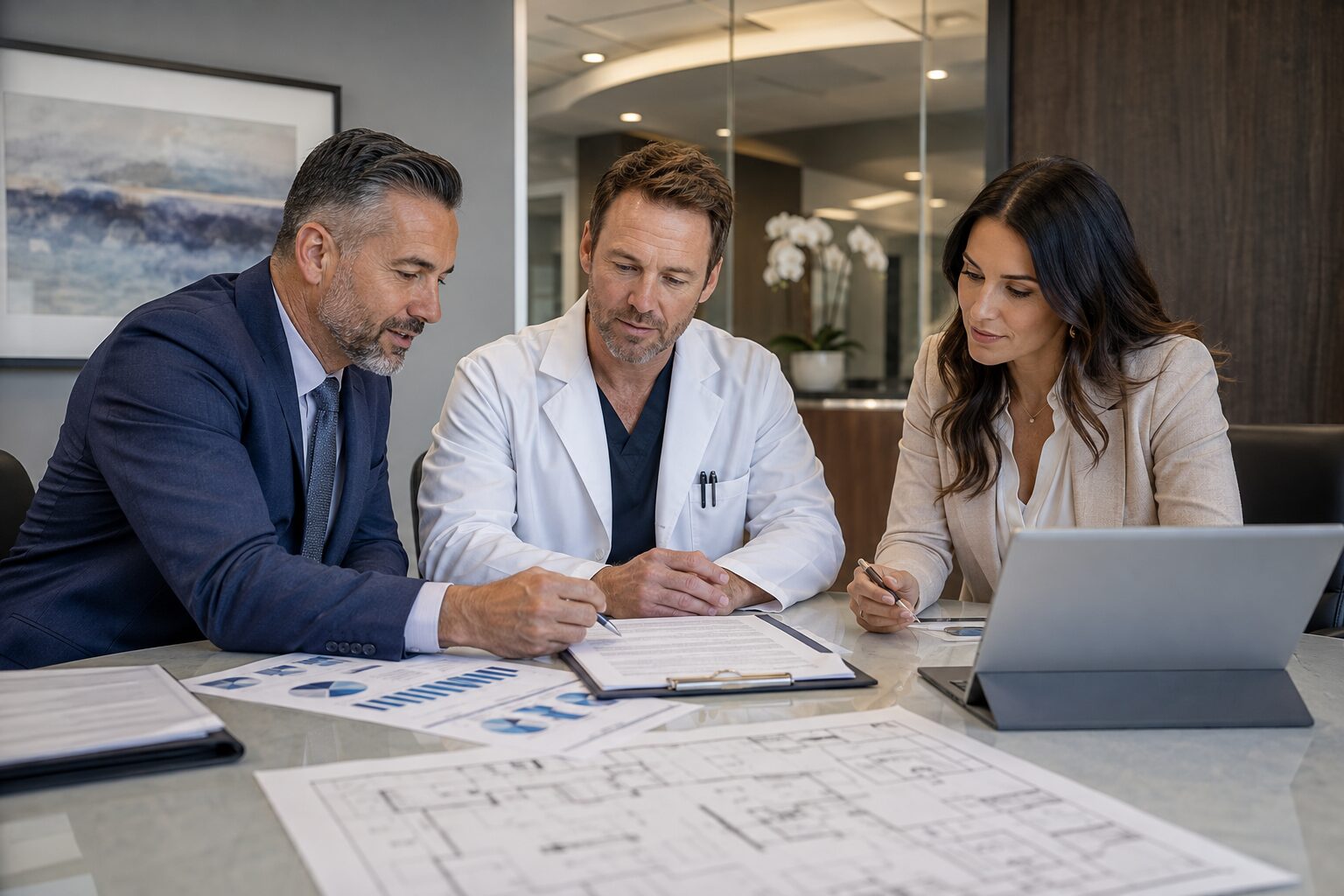 Advisors and a physician reviewing building plans alongside printed charts