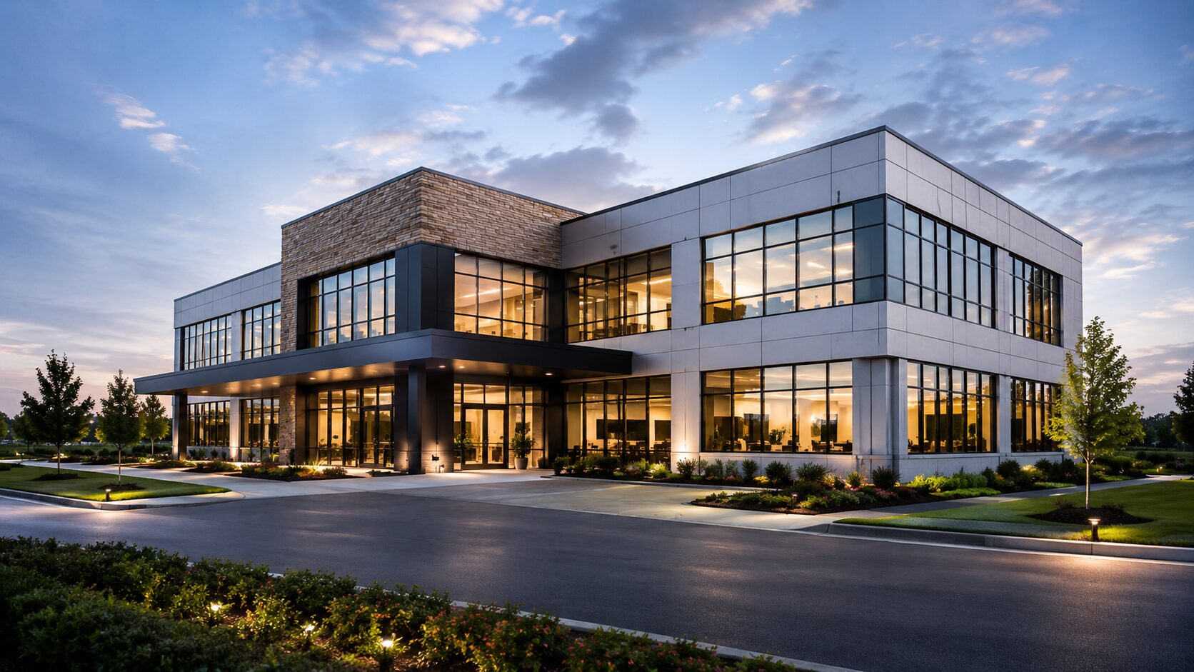 Modern medical office building lit at dusk
