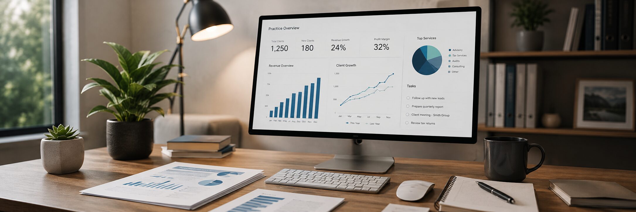 Desktop monitor displaying performance dashboards on a tidy office desk