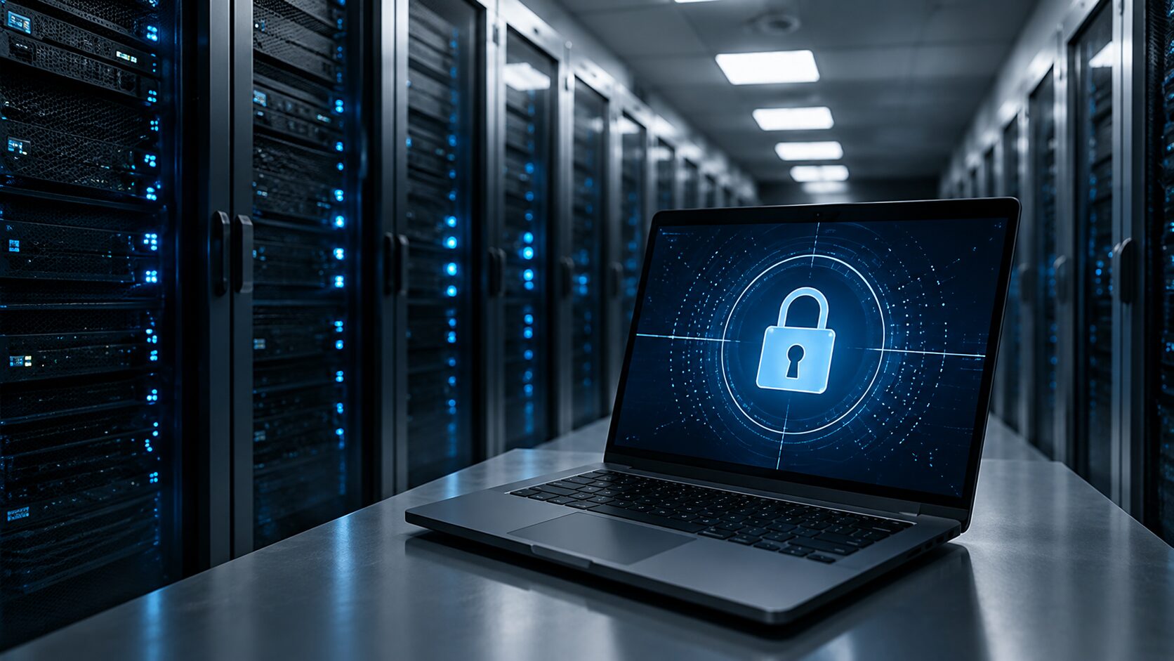 Laptop displaying a security padlock icon in a data center aisle