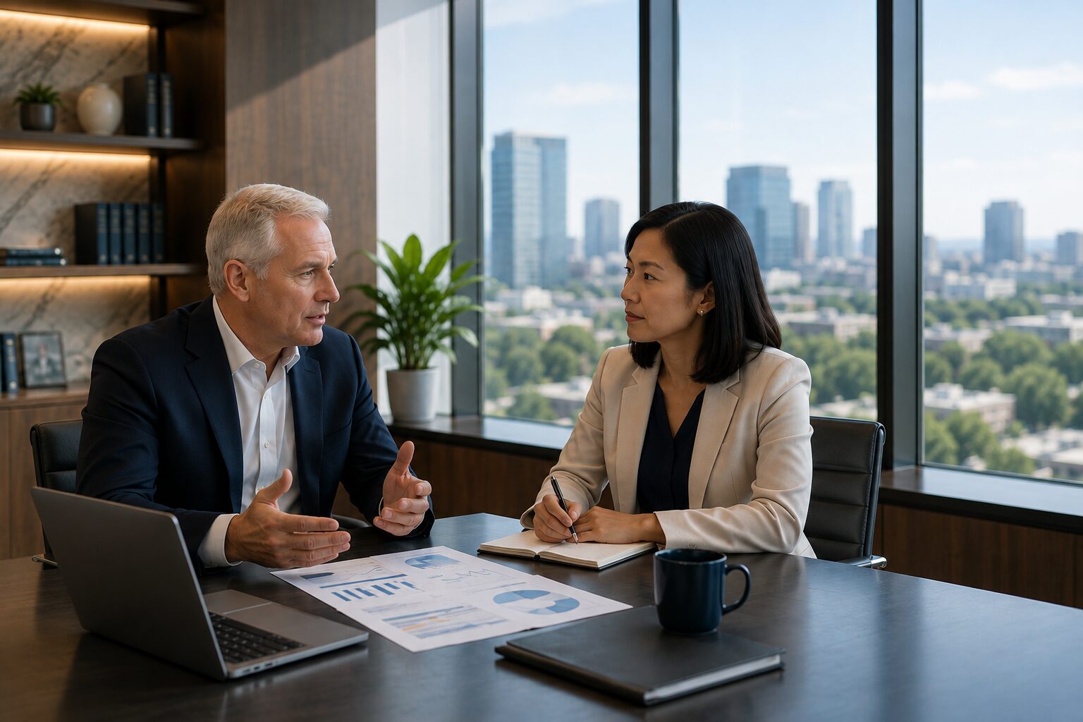 Two advisors discussing printed charts at a desk in a city-view office