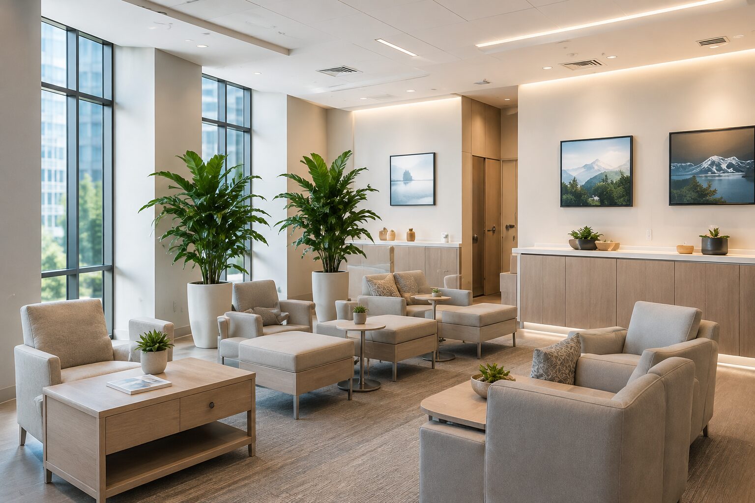Medical practice waiting room with armchairs, plants and natural light