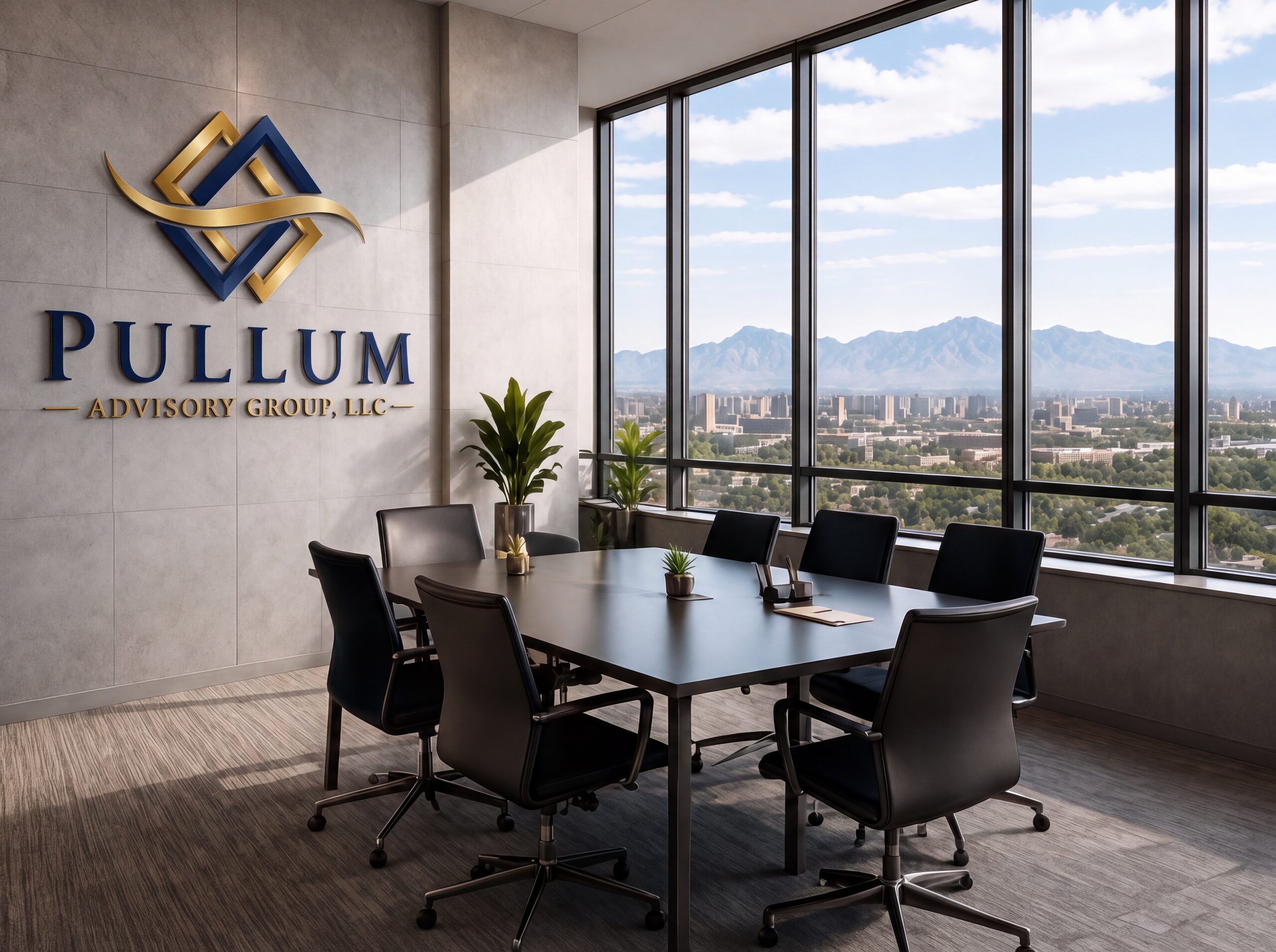Pullum Advisory Group conference room with the firm's logo on the wall and a mountain view