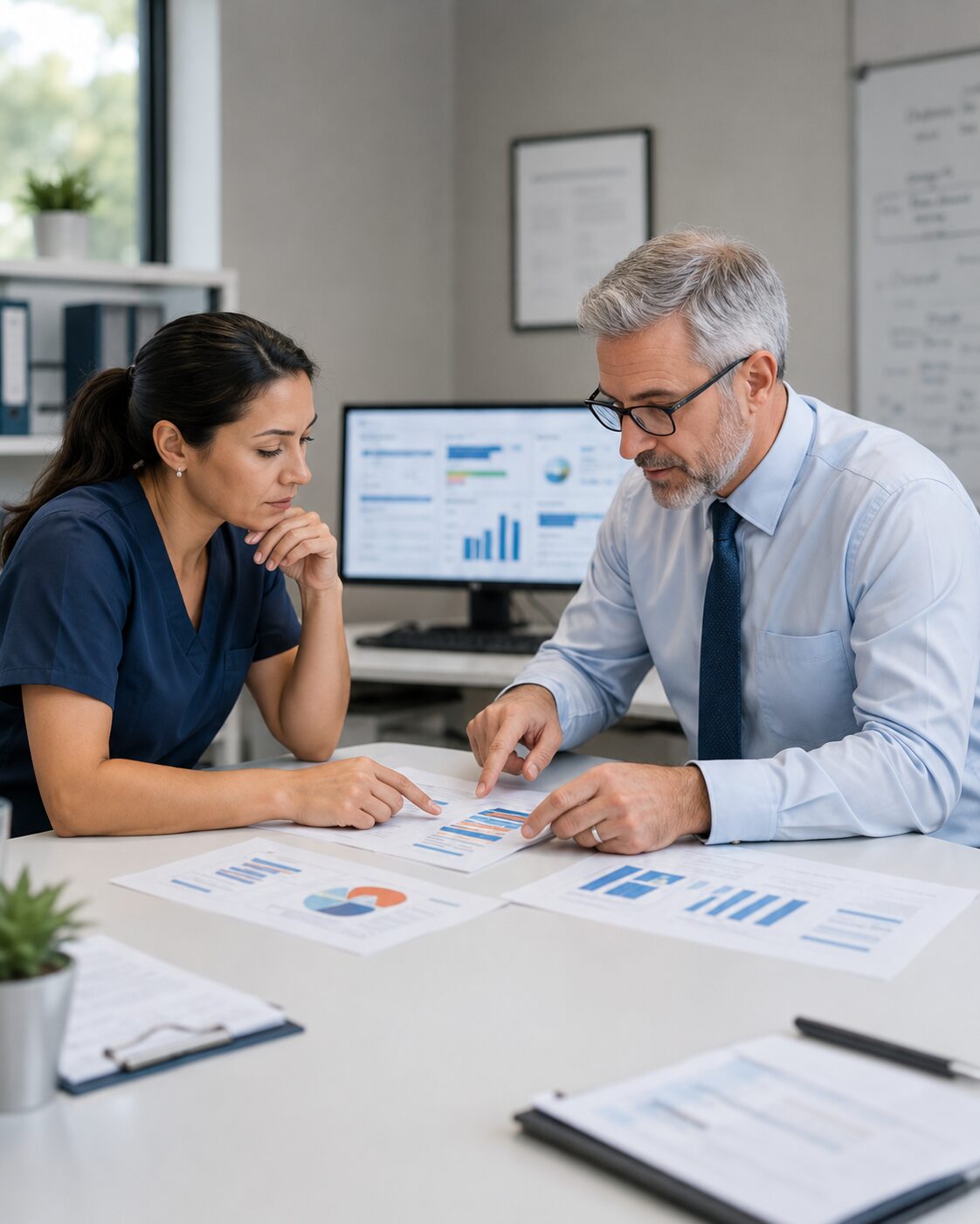 Two colleagues reviewing printed analytics side by side at a workstation