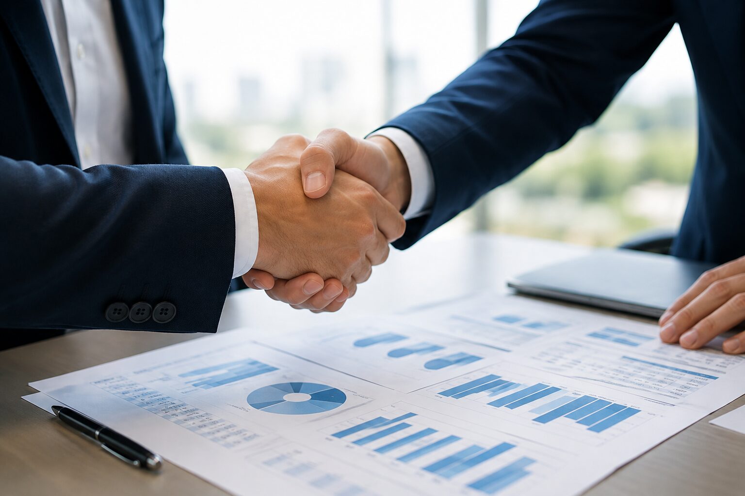 Two people shaking hands over printed performance charts on a desk