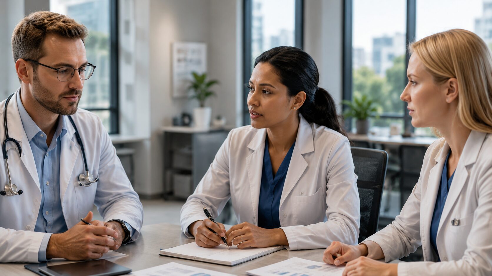 Two physicians and a colleague reviewing notes together in a clinic