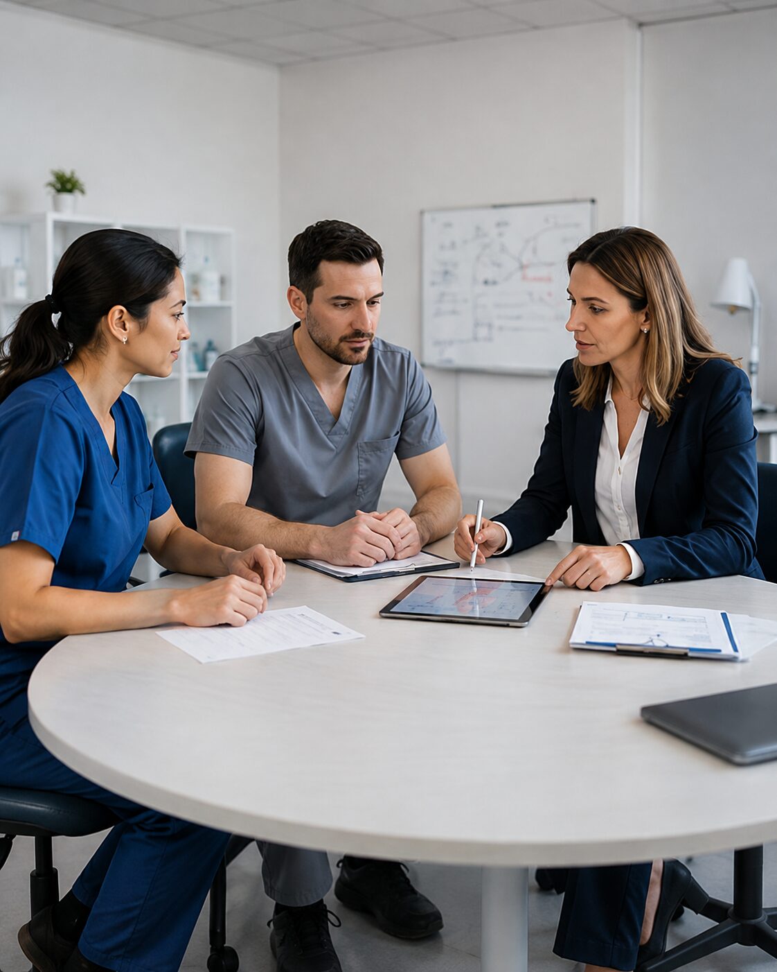 Clinical staff and an administrator meeting around a round table