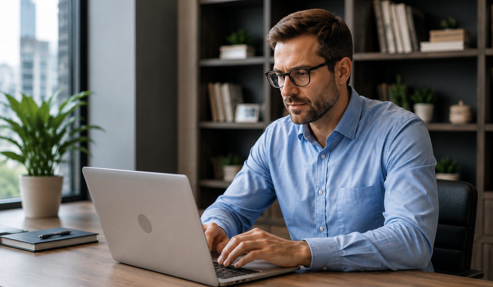 Practice owner working at a laptop in a quiet home office