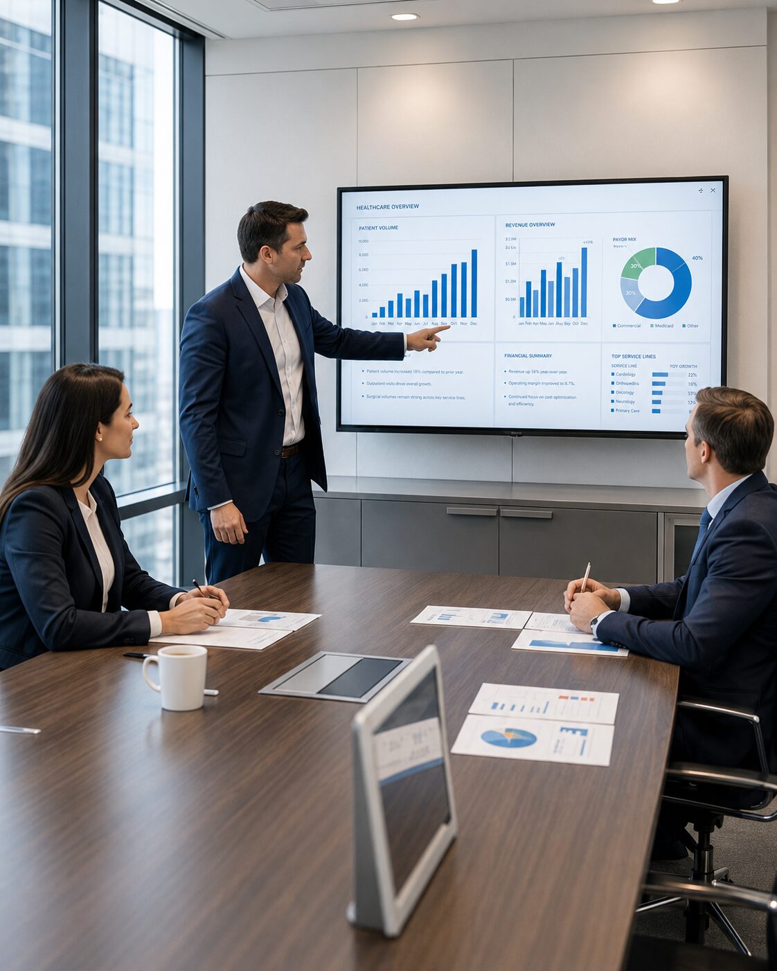Advisor presenting growth charts on a wall display to two seated colleagues