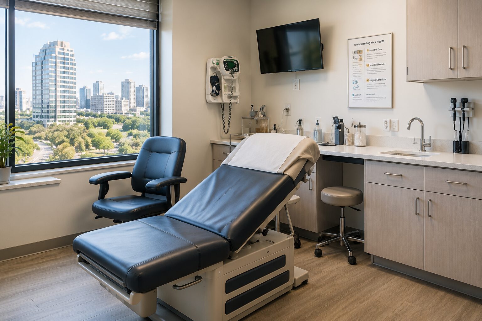 Clinical examination room with an exam table, monitor and city view